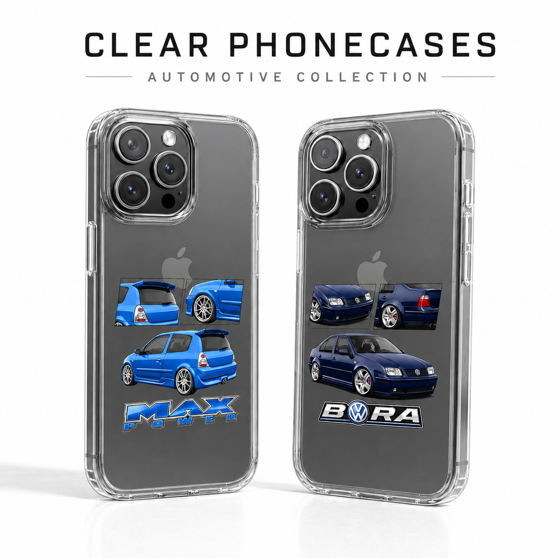 Clear automotive phone cases from Luna Sounds on a white background
