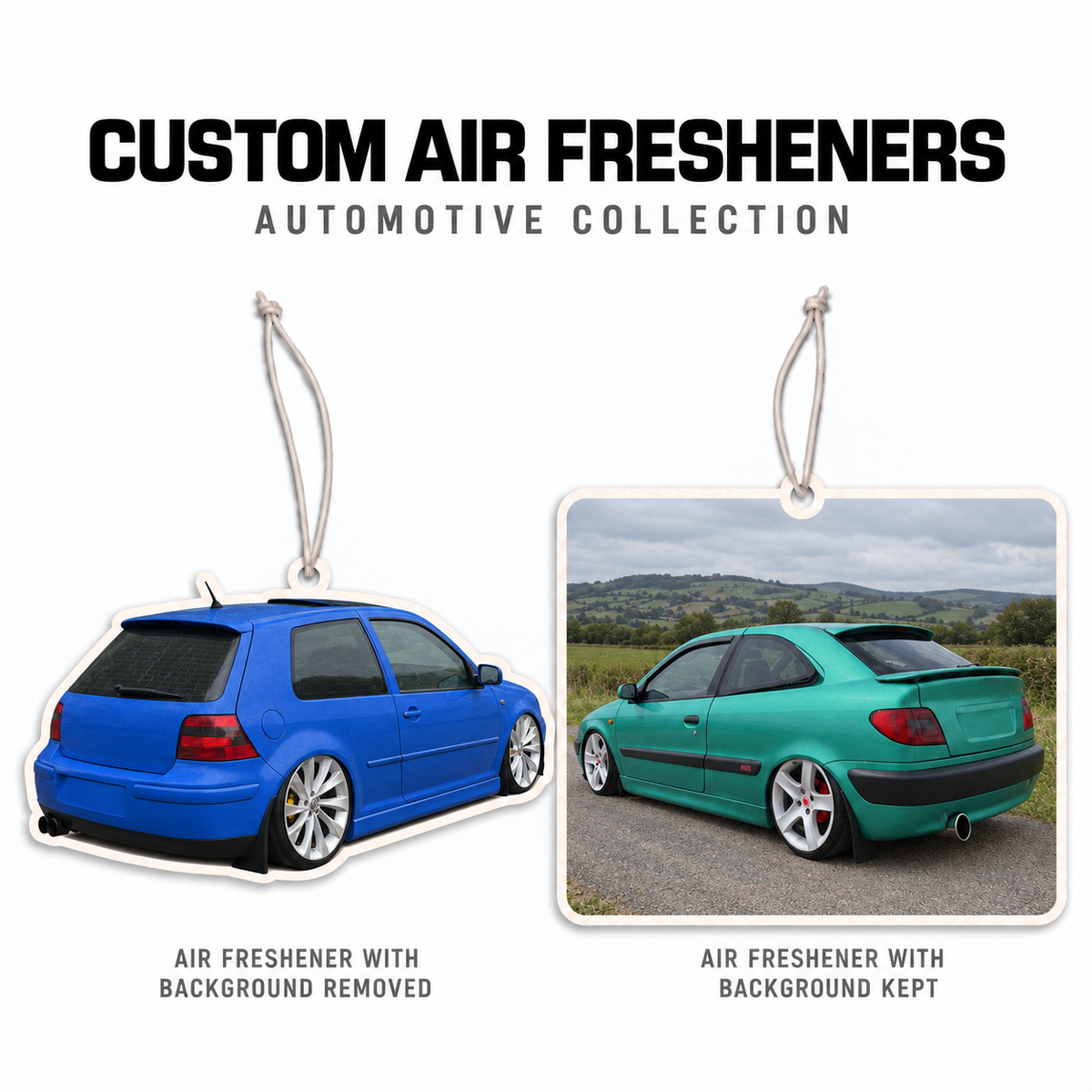 Custom automotive air fresheners showing background removed and background kept options