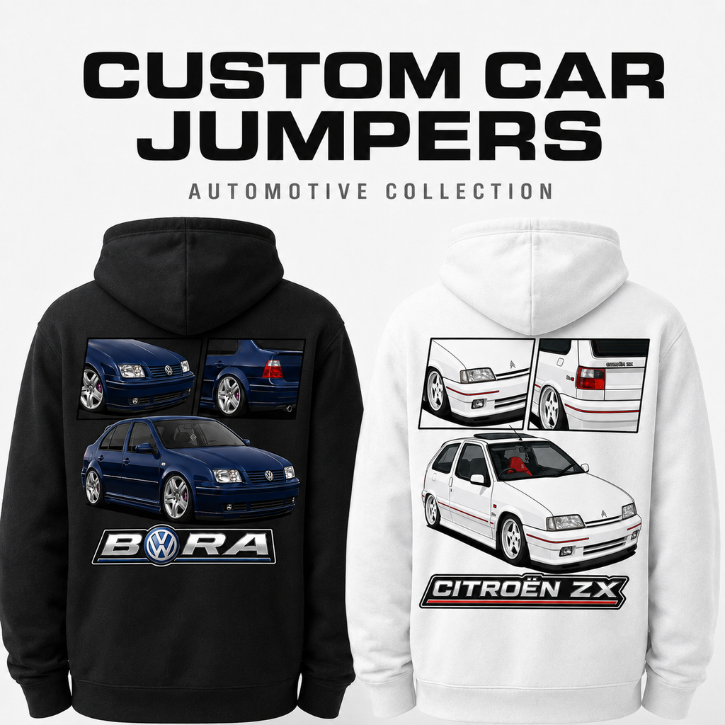 Custom car illustration jumpers shown from the back in black and white