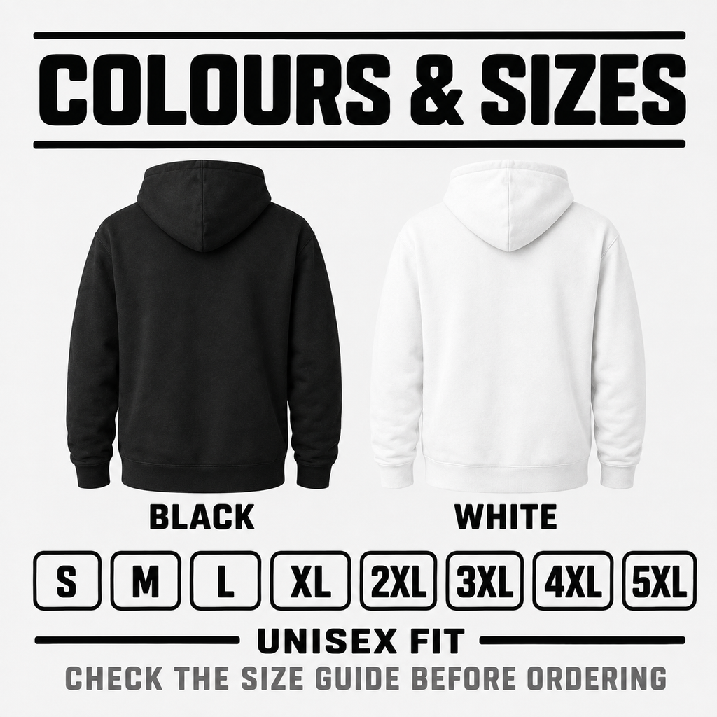 Black and white custom jumpers shown from the back with sizes S to 5XL