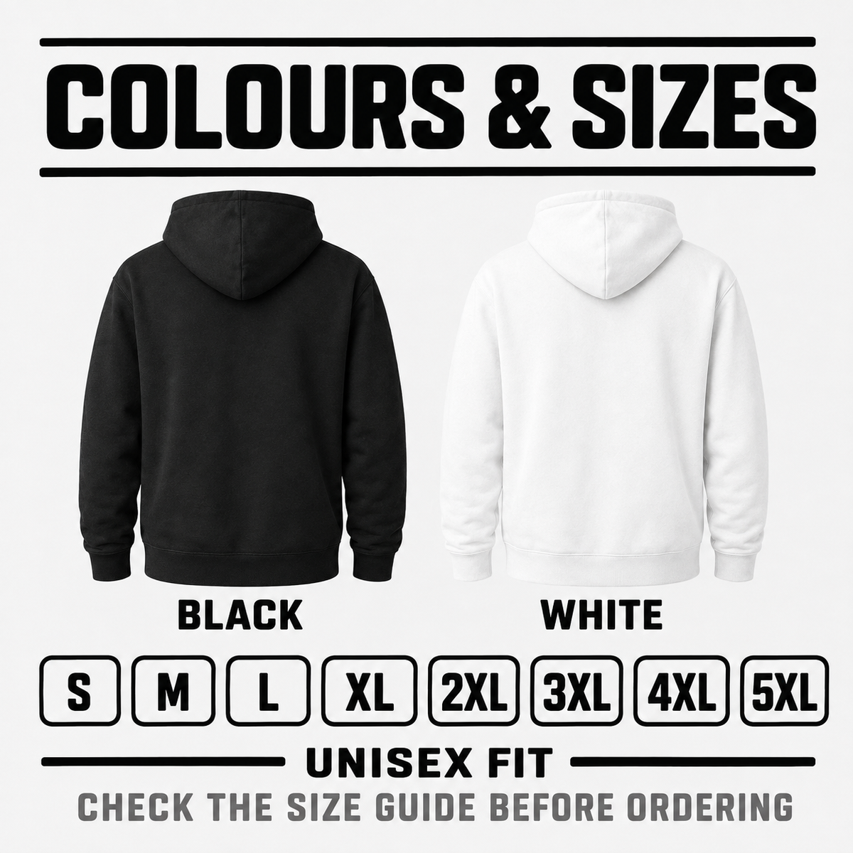 Black and white custom jumpers shown from the back with sizes S to 5XL