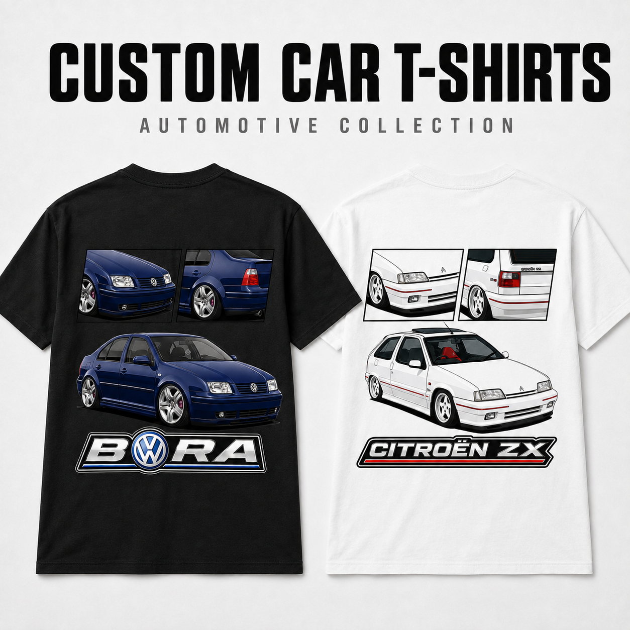 Custom car illustration T-shirts shown from the back in black and white