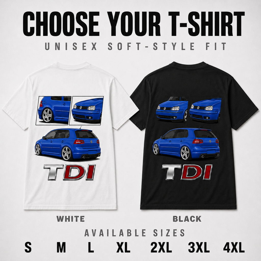 Black and white custom car T-shirts shown from the back with sizes S to 4XL