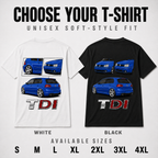 Black and white custom car T-shirts shown from the back with sizes S to 4XL