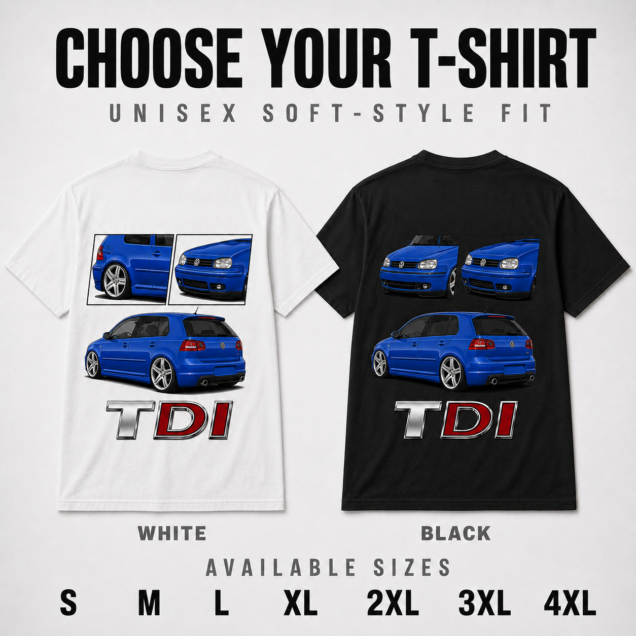 Black and white custom car T-shirts shown from the back with sizes S to 4XL