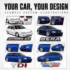 Citroën ZX, Volkswagen Bora, Golf TDI and Peugeot example custom car illustrations