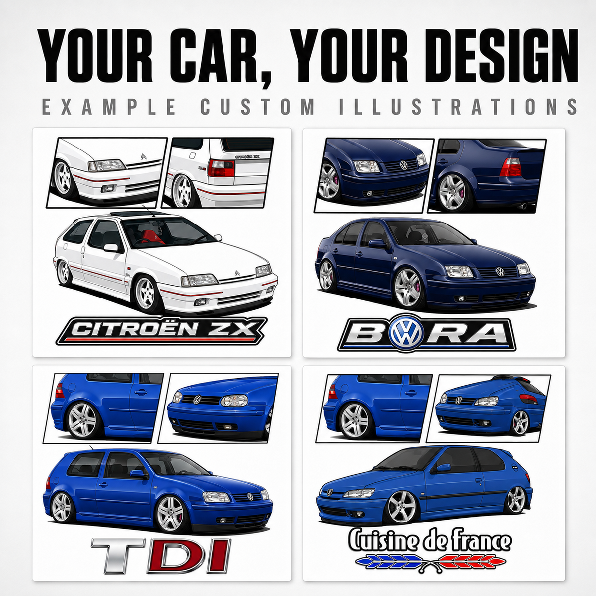 Citroën ZX, Volkswagen Bora, Golf TDI and Peugeot example custom car illustrations