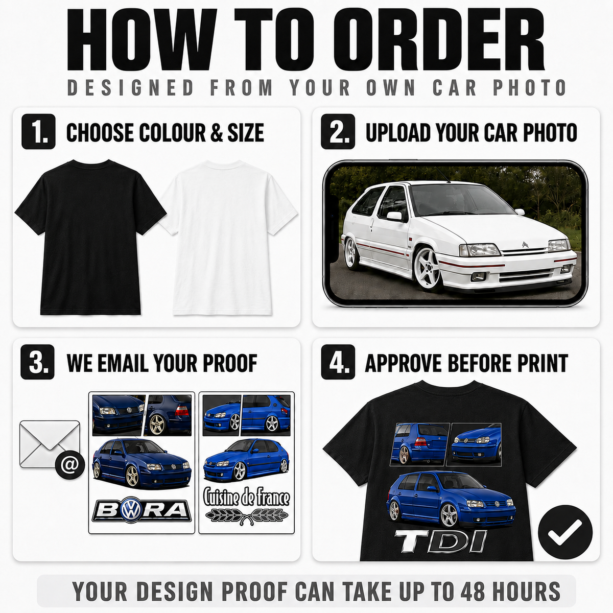 How to order a custom car T-shirt with the illustration printed on the back