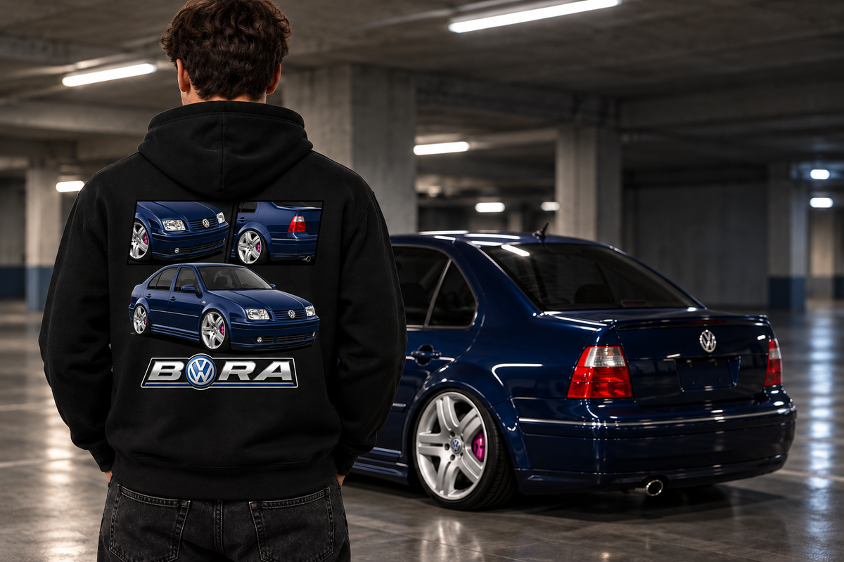 Campaign mockup of a black hoodie with the original navy Bora illustration beside a lowered navy Volkswagen Bora with silver wheels and pink brake calipers