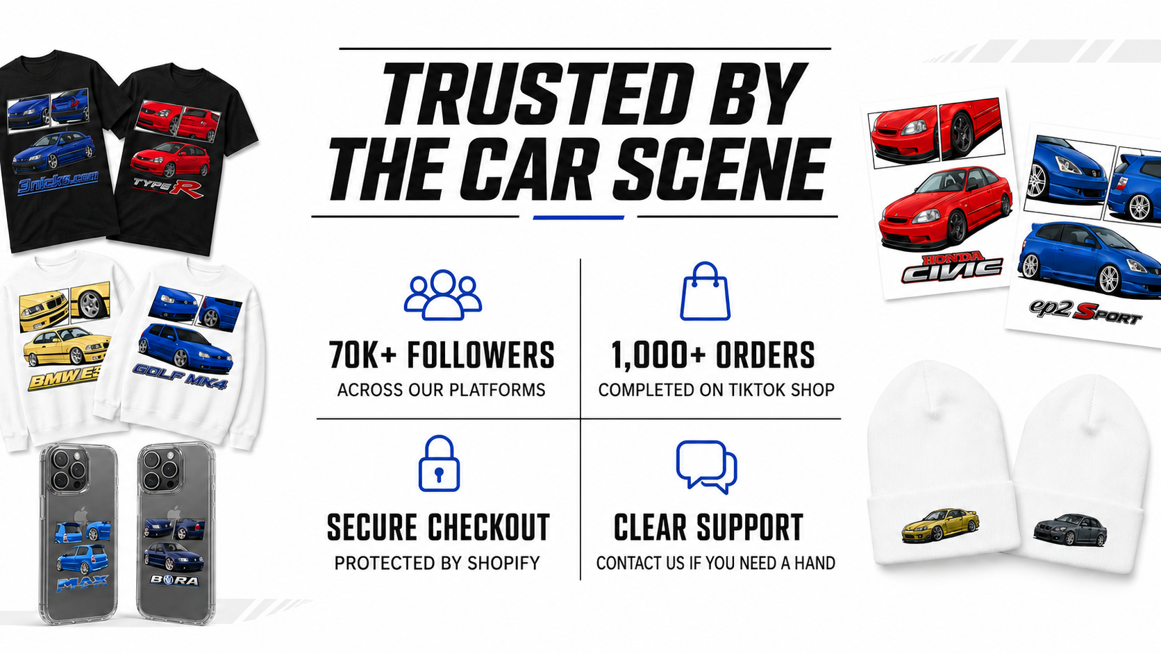 Luna Sounds trust banner on white background showing 70K followers, 1,000 TikTok Shop orders, secure checkout and customer support